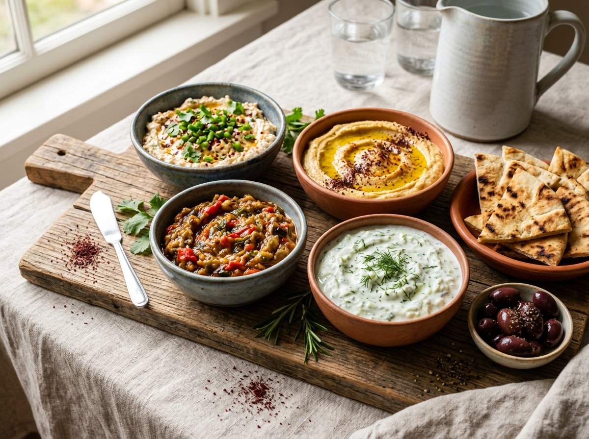 Ingredients of a custom CAVA Mediterranean bowl laid out separately